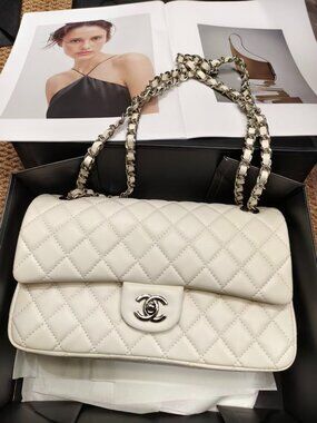 Chanel Classic Flap Quilted White Lambskin Silver Hardware Chain Shoulder Bag